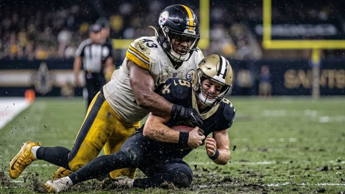 a football player is being tackled by another player