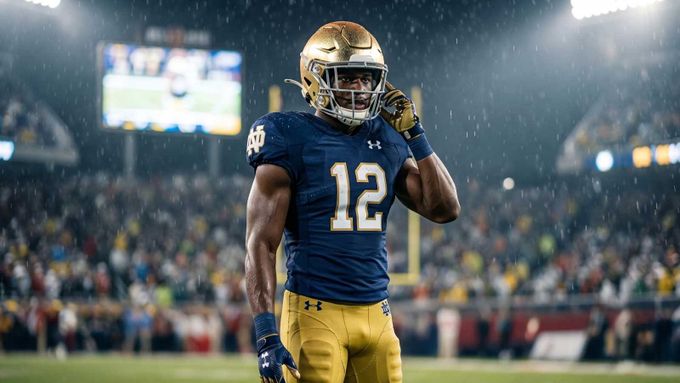 a football player walking on the field in the rain